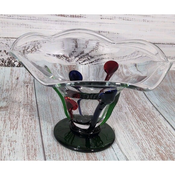 VTG Hand Blown Art Glass Clear W/Green Blue Red Compote Bowl Pedestal Wavy VGC - Picture 4 of 17